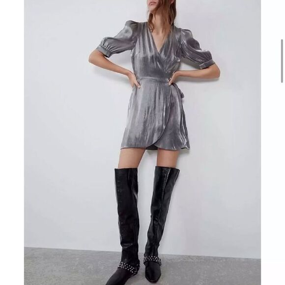 NWOT Zara Metallic Silver Laminated Pewter Wrap Mini Dress Sz XS - Picture 6 of 11